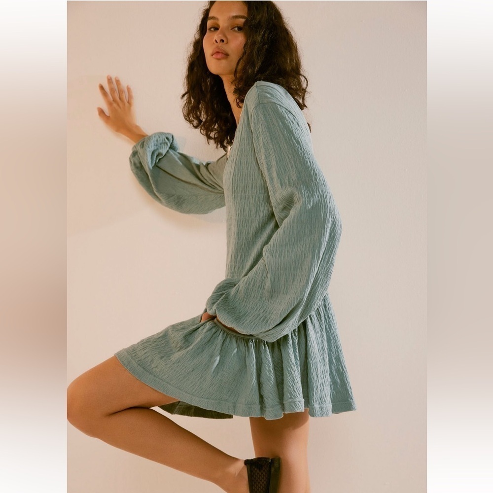 NWT Free People Bayside Oversized Textured Blue Mini Dress
